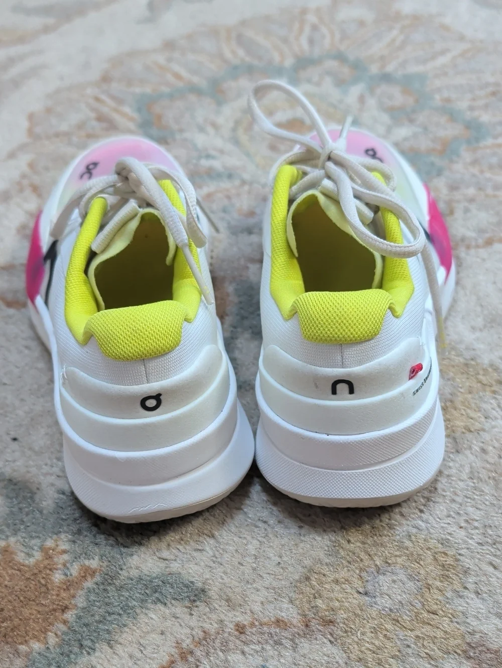 On Cloud The Roger Pro 2 White Athletic Sneakers with Lime & Pink Accents